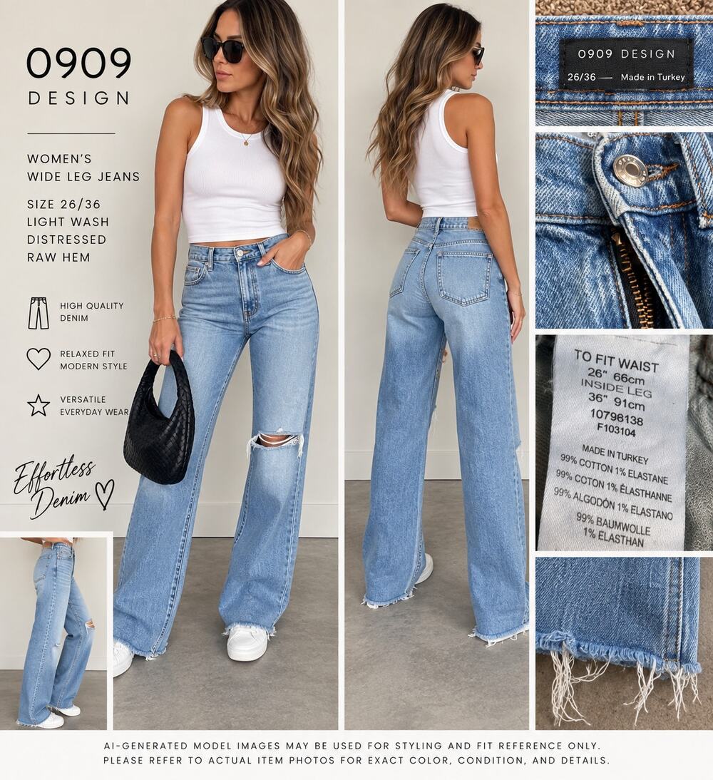 ASOS Design Women’s Wide Leg Jeans Size 26x36 Light Wash Distressed Raw Hem